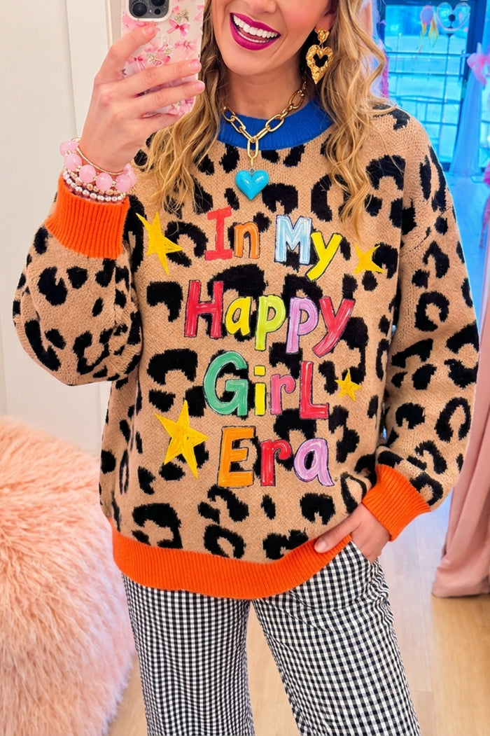 Leopard Knit Happy Girl Sweater