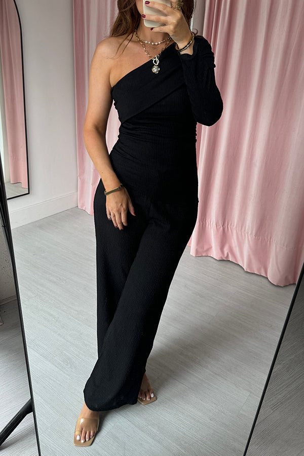 One Shoulder Fold Over Crinkle Top & Wide Leg Co-Ord