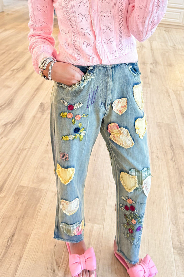 Denim Heart Patchwork Pants
