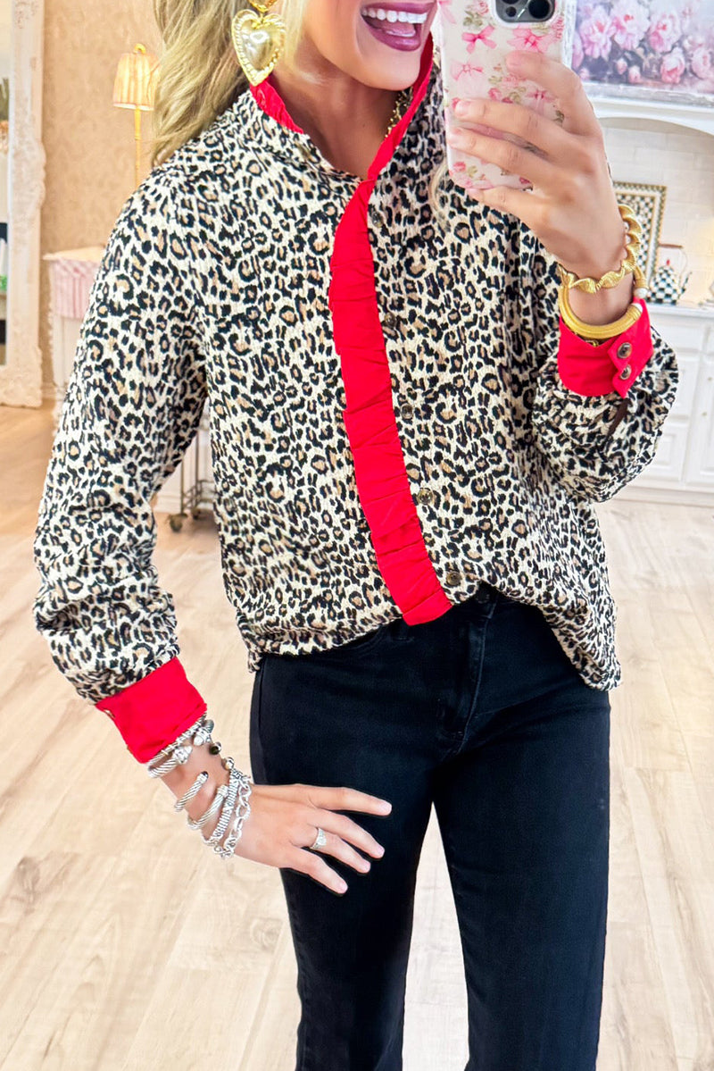 Leopard and Red Ruffle Long Sleeve Top