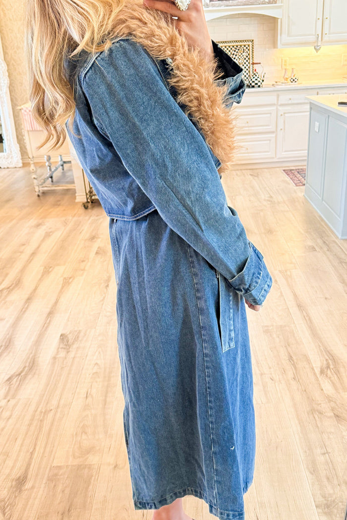 Artificial Fur Collar Long Denim Jacket