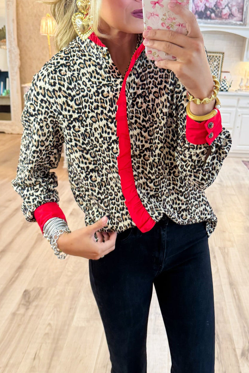 Leopard and Red Ruffle Long Sleeve Top