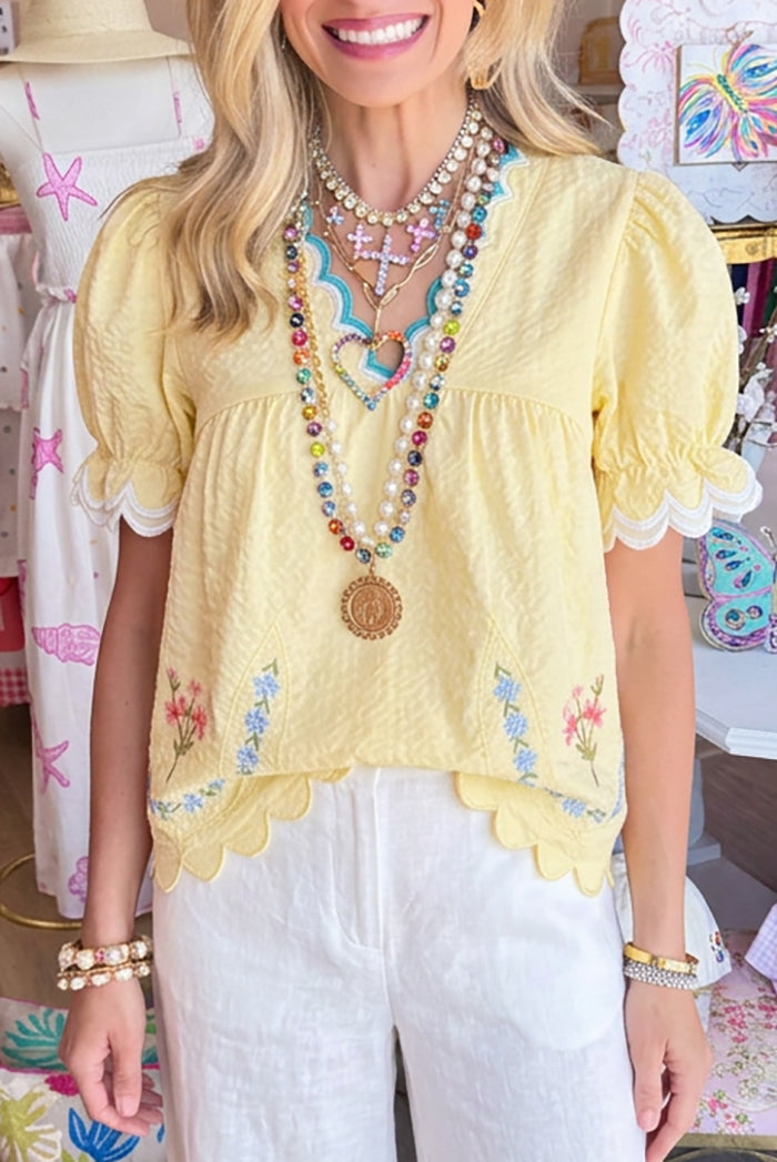 Puff Sleeve Scallop Trim Top