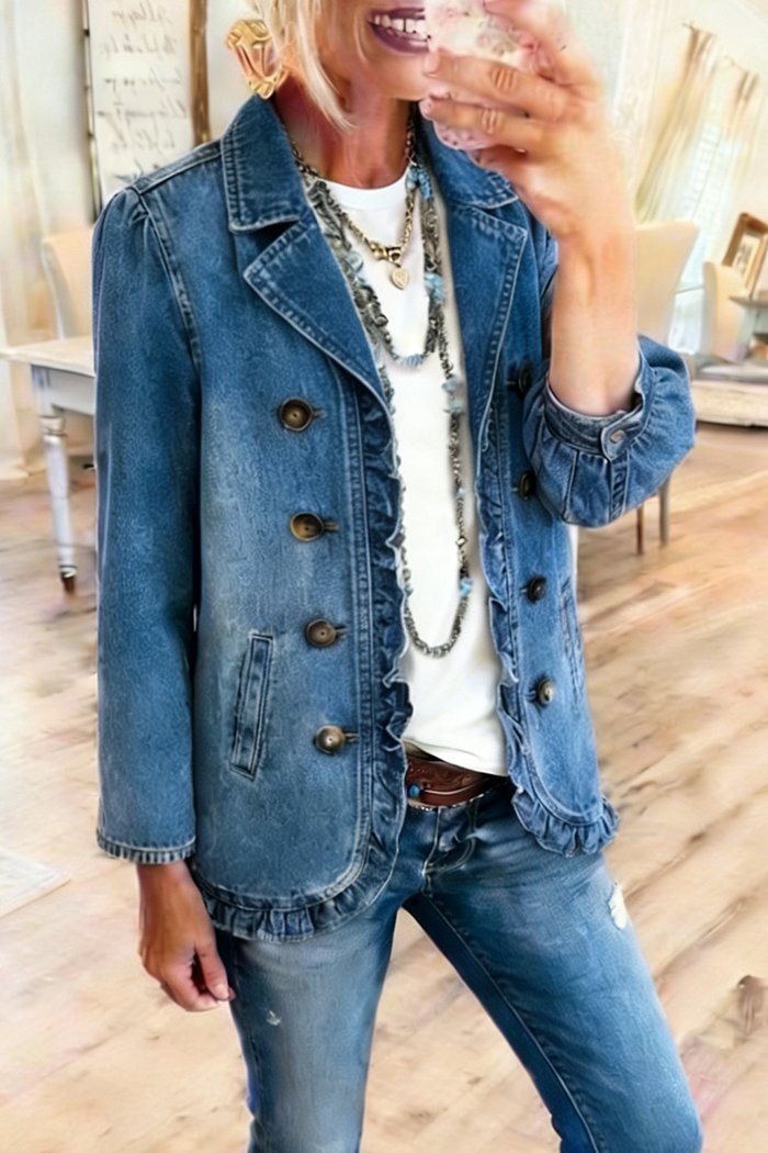 Ruffle Trim Double Breasted Denim Jacket