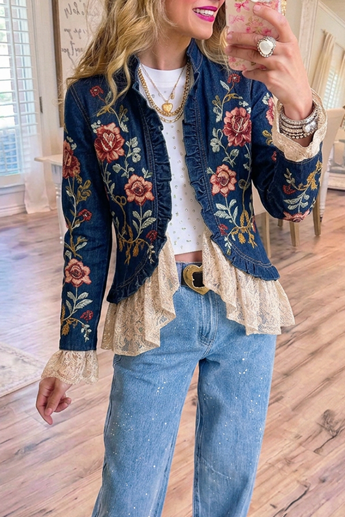 Dark Wash Denim Colorful Floral Lace Ruffle Hem Cropped Jacket