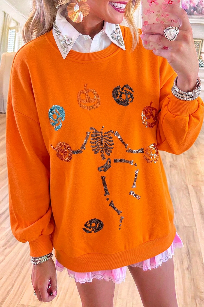 Skeleton Pumpkin Sequin Motif Long Sleeve Sweatshirt