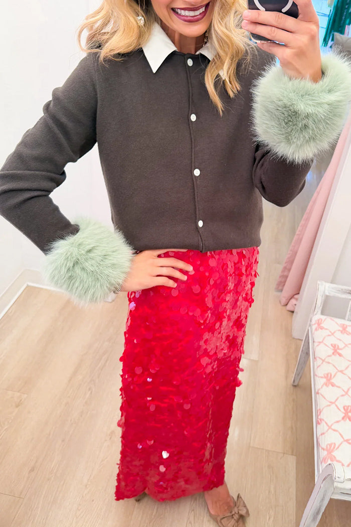 Dark Olive Feather Trim Cardigan