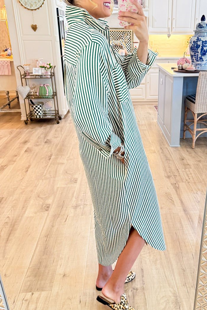 Stripe Button Pockets Midi Dress