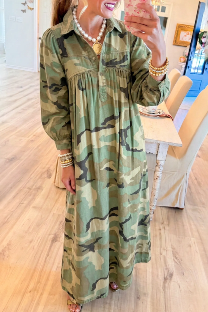 Collared Henley Placket Gathered Yoke Camo Maxi Dress