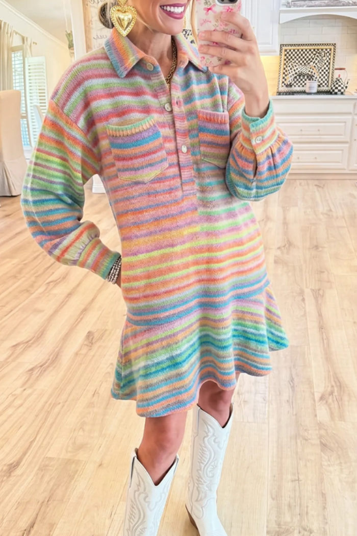 Rainbow Stripe Knit Half Button Pocket Ruffle Hem Dress