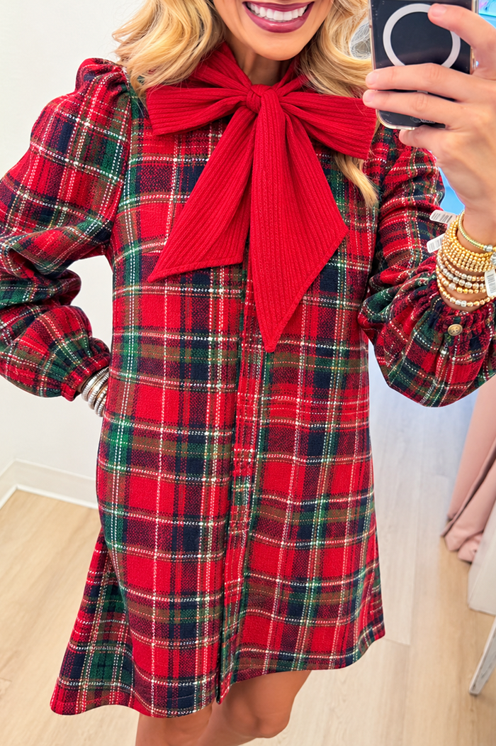 Red Tartan Plaid Bow Mini Shirt Dress