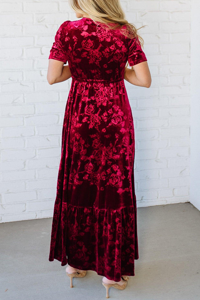 Embossed Button Front Pocket Velvet Maxi Dress