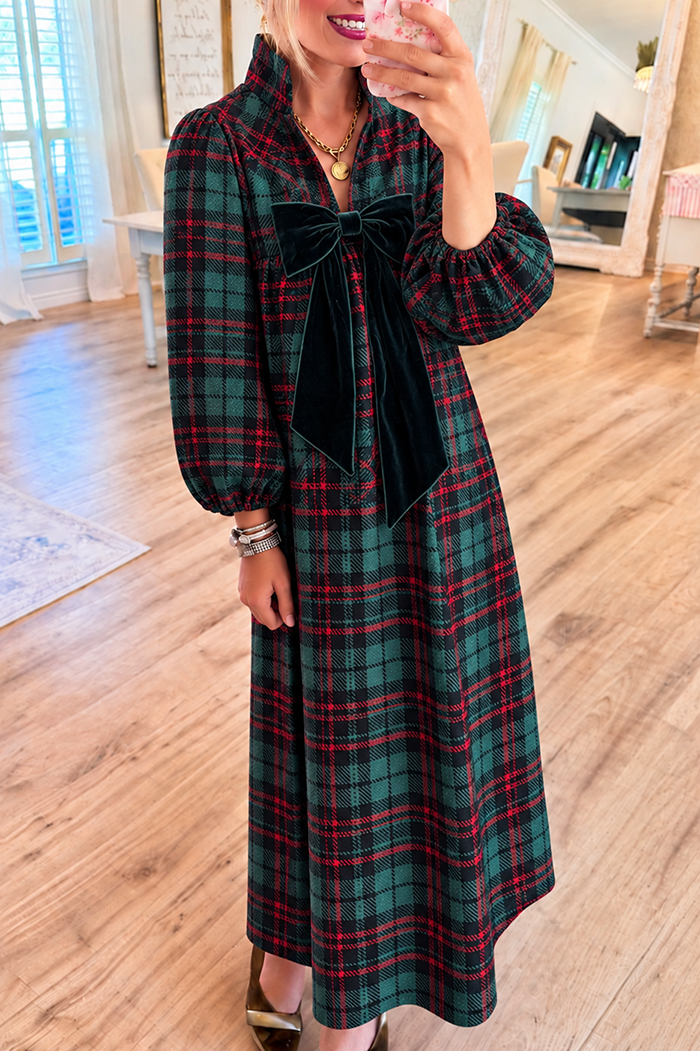 Plaid Pocket Velvet Bow Maxi Dress