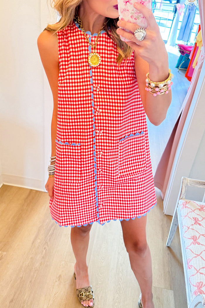 Red Gingham Contrast Trim Pocket Dress