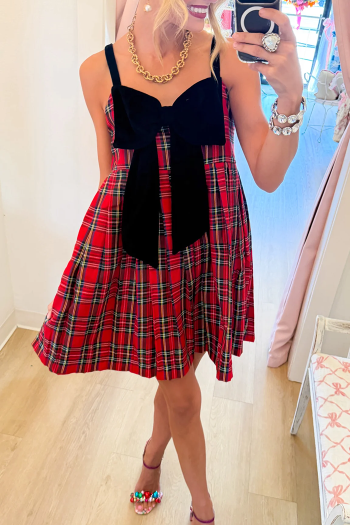 Red Plaid Velvet Bow Dress