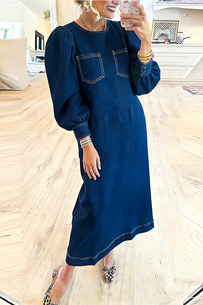 Crew Neck Bishop Sleeve Chest Pocket Denim Maxi Dress