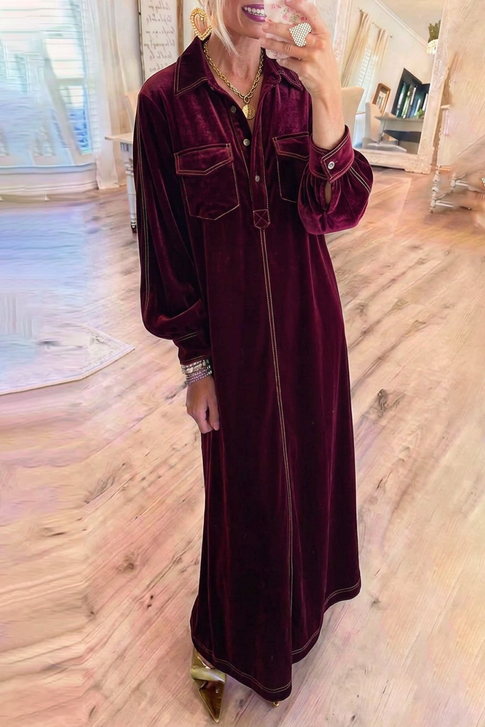 Burgundy Velvet White Contrast Detail Pockets Balloon Sleeve Maxi Dress
