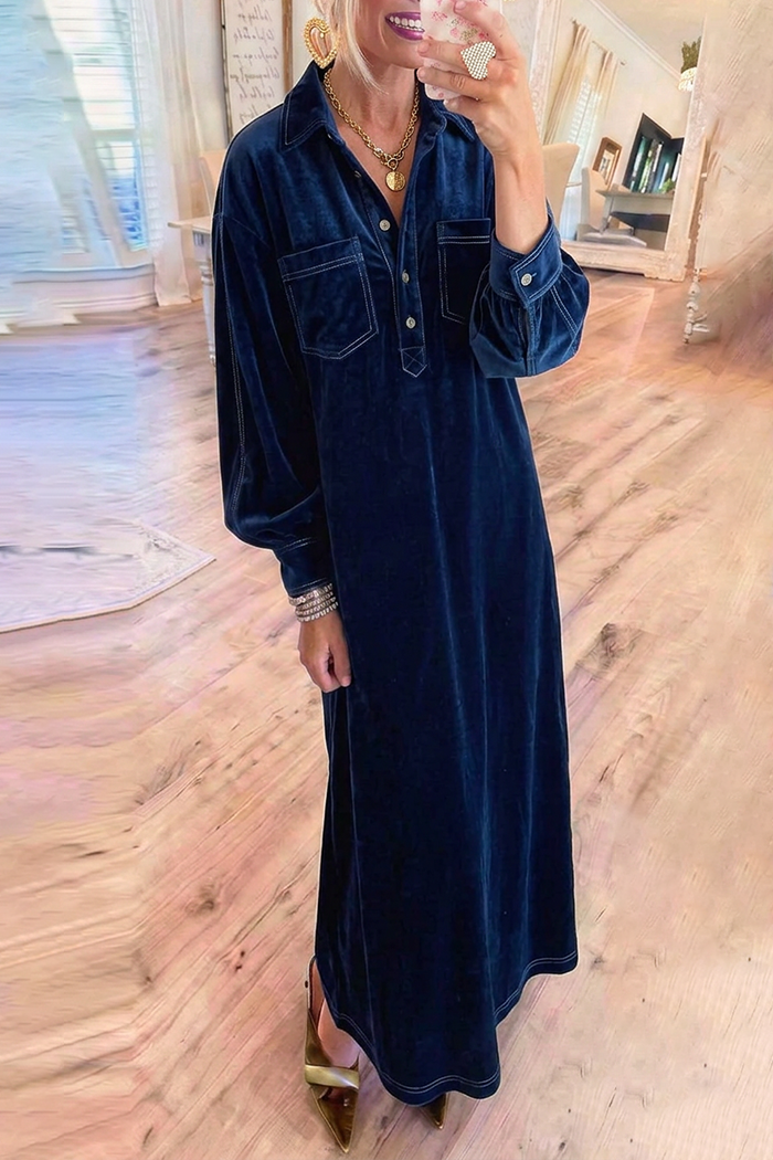 Navy Velvet Collared Half Button Pockets Balloon Sleeve Maxi Dress