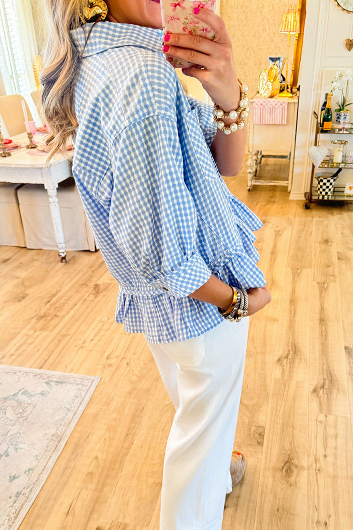 Casual Gingham Ruffle Hem Button Up Top