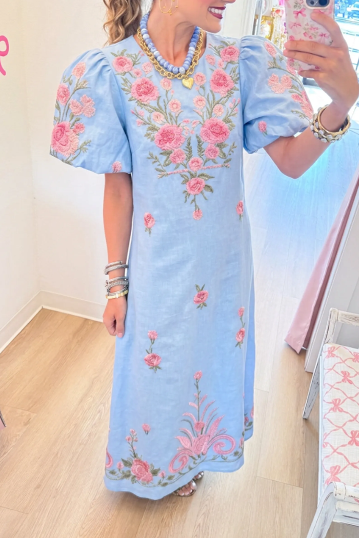 Casual Puff Sleeve Embroidered Dress