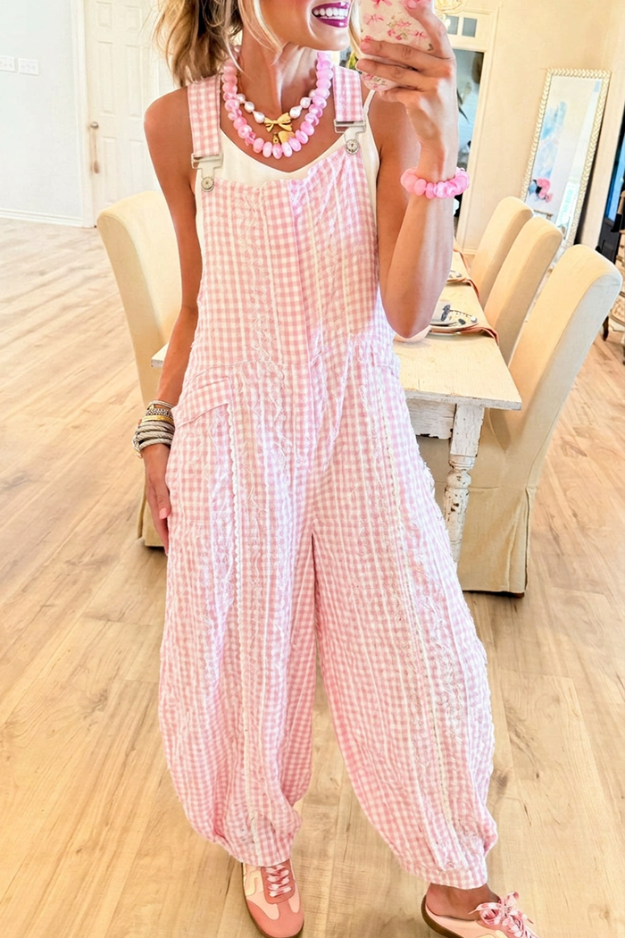 Casual Pink Plaid Overalls