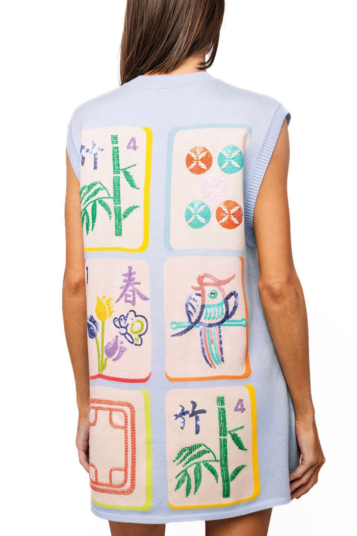 Blue Mahjong Tile Print Sleeveless Tank Dress