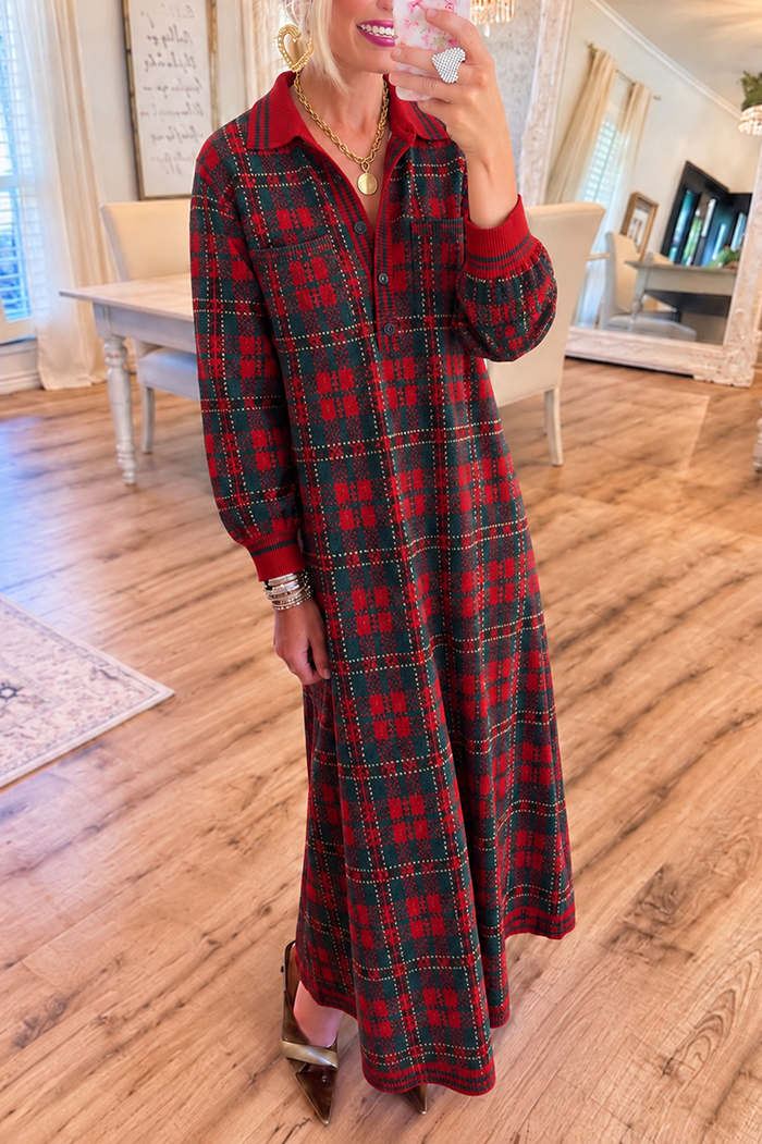 Collar Plaid Pocket Knit Maxi Dress