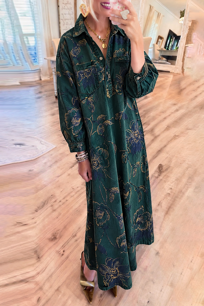 Dark Green Floral Denim Pockets Maxi Dress