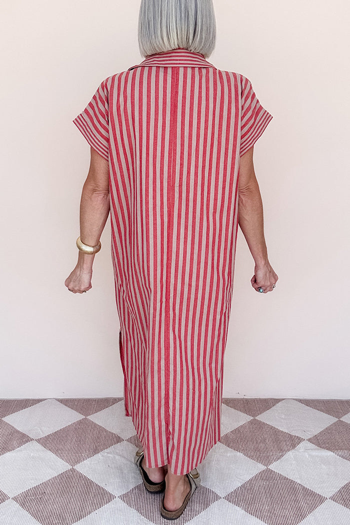 Notched Collar Striped Kaftan Pocket Midi Dress