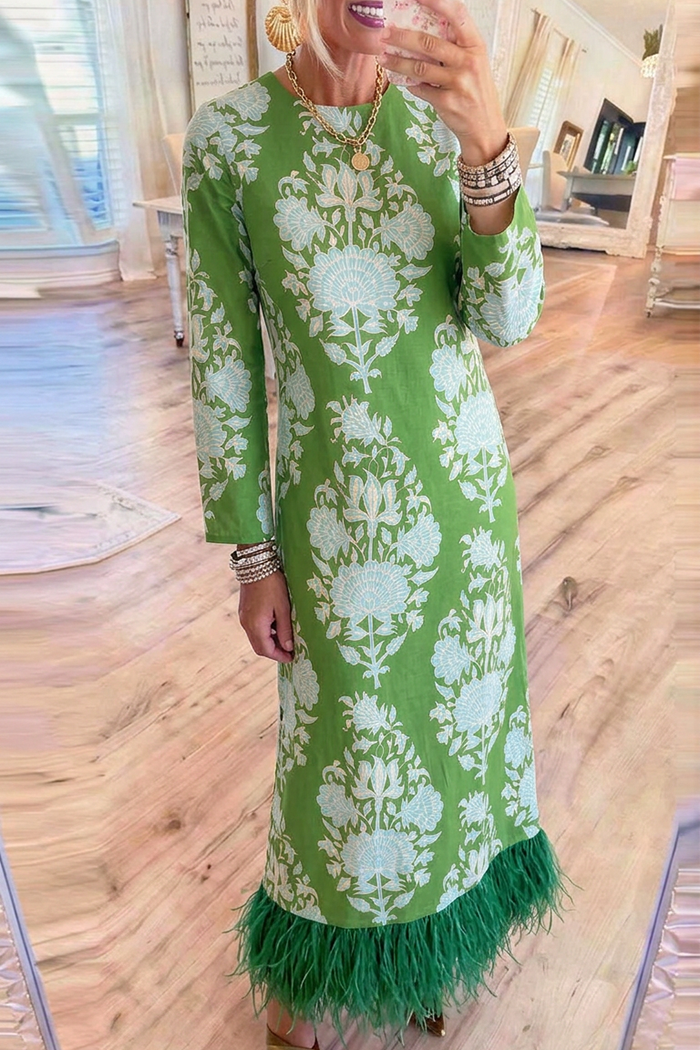 Vertical Floral Round Neck Long Sleeve Fringe Hem Maxi Dress