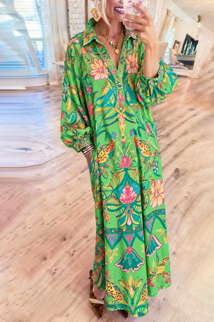 Green Floral Bird Print Collared Half Button Pocket Maxi Dress