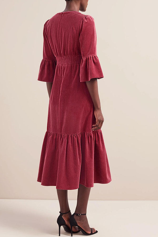 Corduroy Pleated Trumpet Sleeves Dress