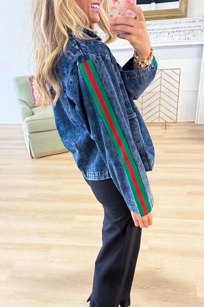 Denim Contrast Stripe Pullover Top