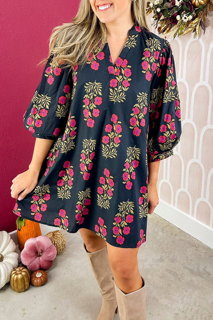 Floral Print Puff-Sleeve Pocket Mini Dress