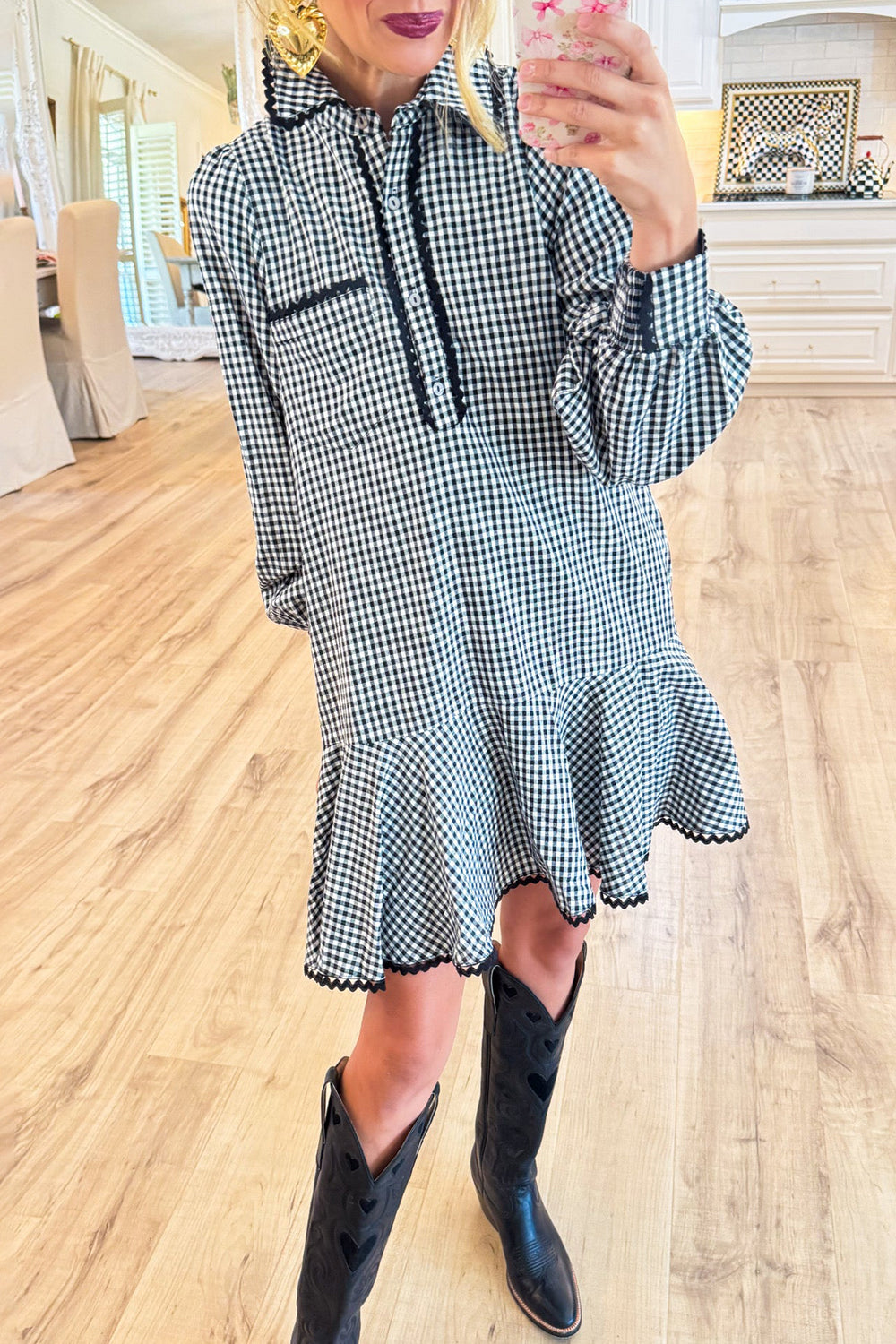 Black Gingham Scallop Trim Pocket Dress