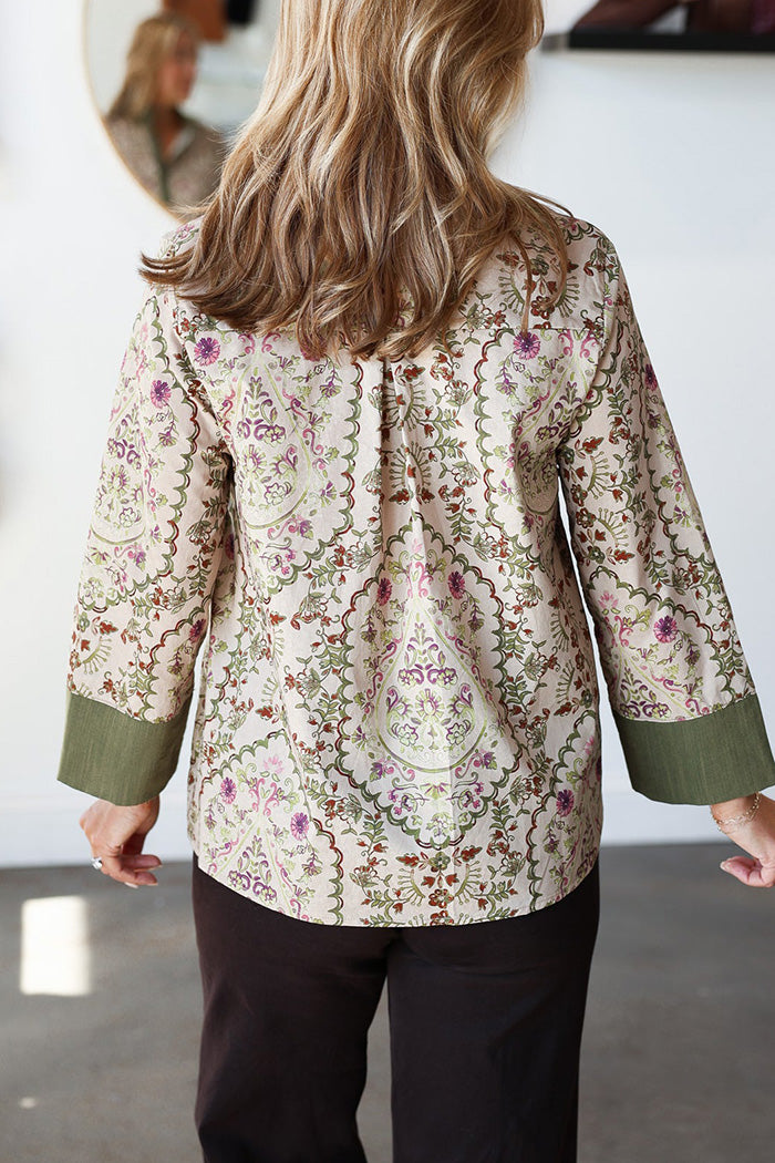 Floral Print Contrast Trim Button Front Top