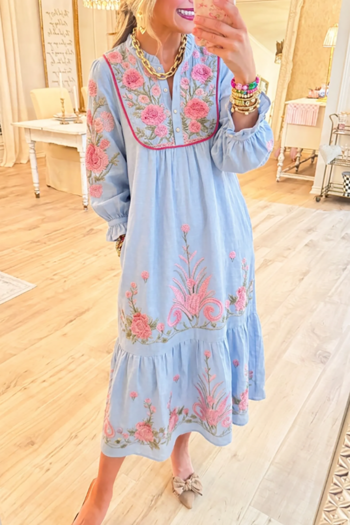 Puff Sleeve Ruffles Hem Embroidered Dress