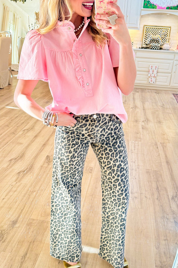Pink Ruffle Neck Short Sleeve Button Down Top