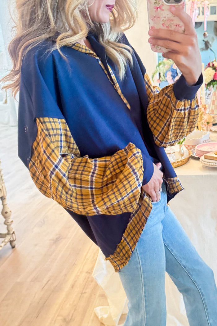 Navy Plaid Contrast Half Button Long Sleeve Pullover