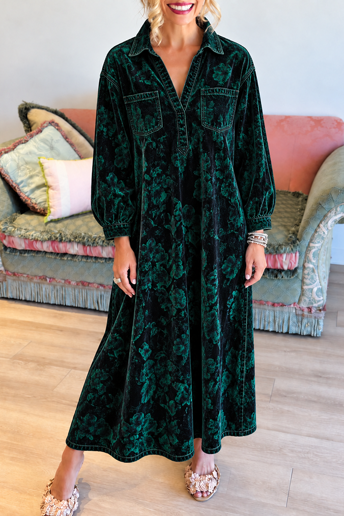 Dark Green Velvet Floral Collar Pockets Maxi Dress