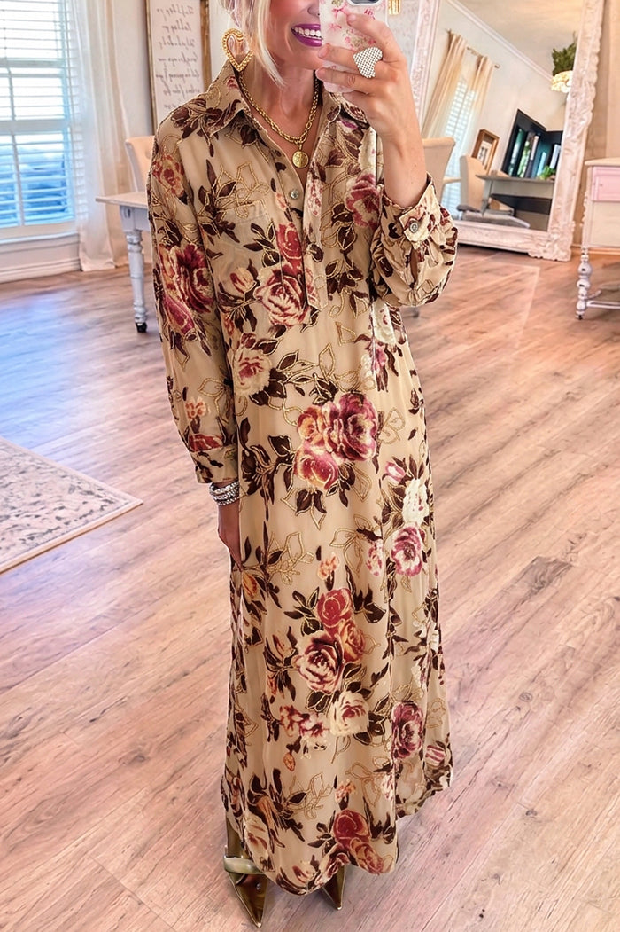 Vintage Floral Collared Pocket Maxi Dress