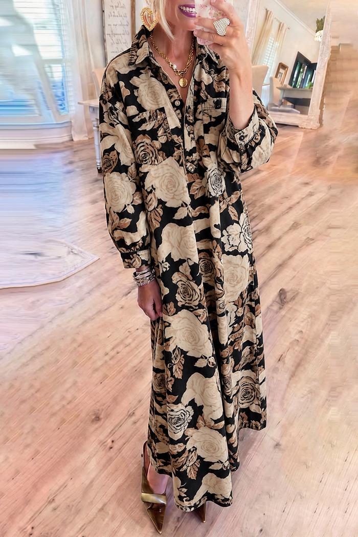 Vintage Rose Floral Pocket Denim Maxi Dress