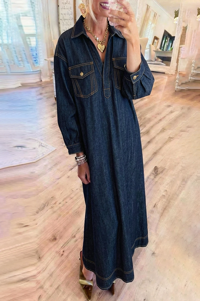 Dark Denim Collared Button Flap Pockets Maxi Dress
