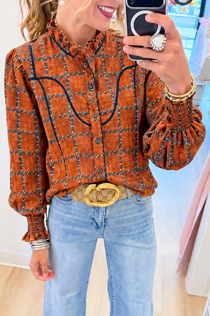 Rust Plaid Ruffle Neck Top
