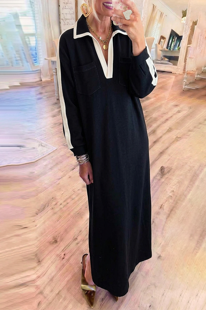 Black Collared Knit Contrast‑Stripe Pockets Maxi Dress