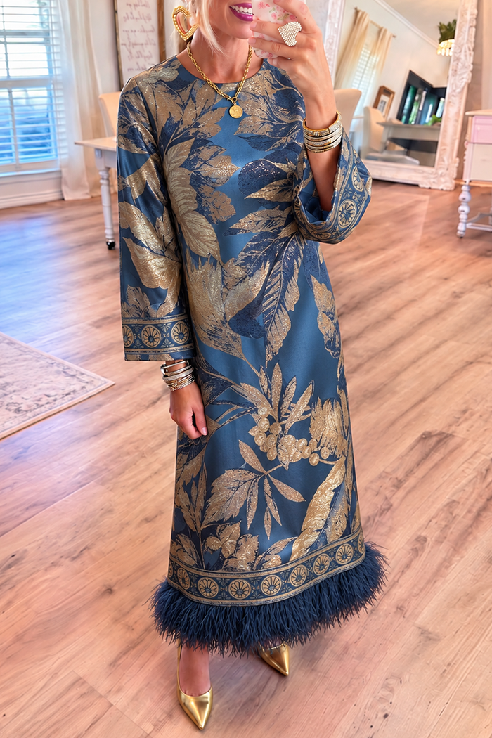 Navy Gold Leaf Feather Hem Maxi Dress