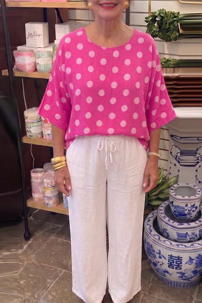 Polka Dot Linen Top And Linen Pants Set