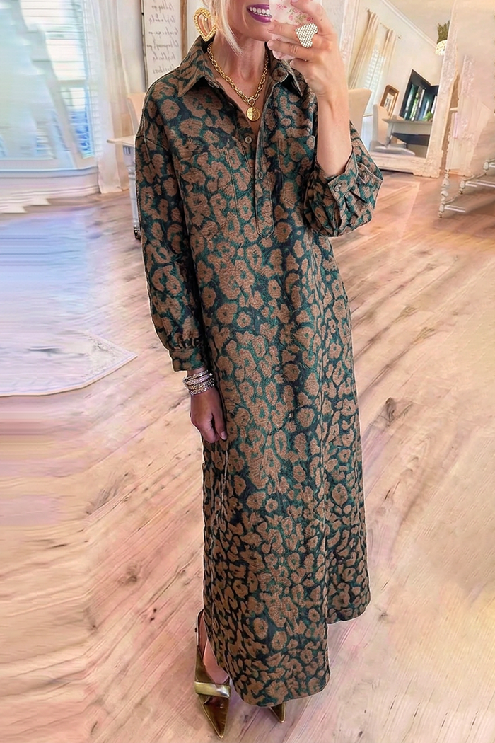 Leopard Jacquard Collared Long Sleeves Pockets Maxi Dress