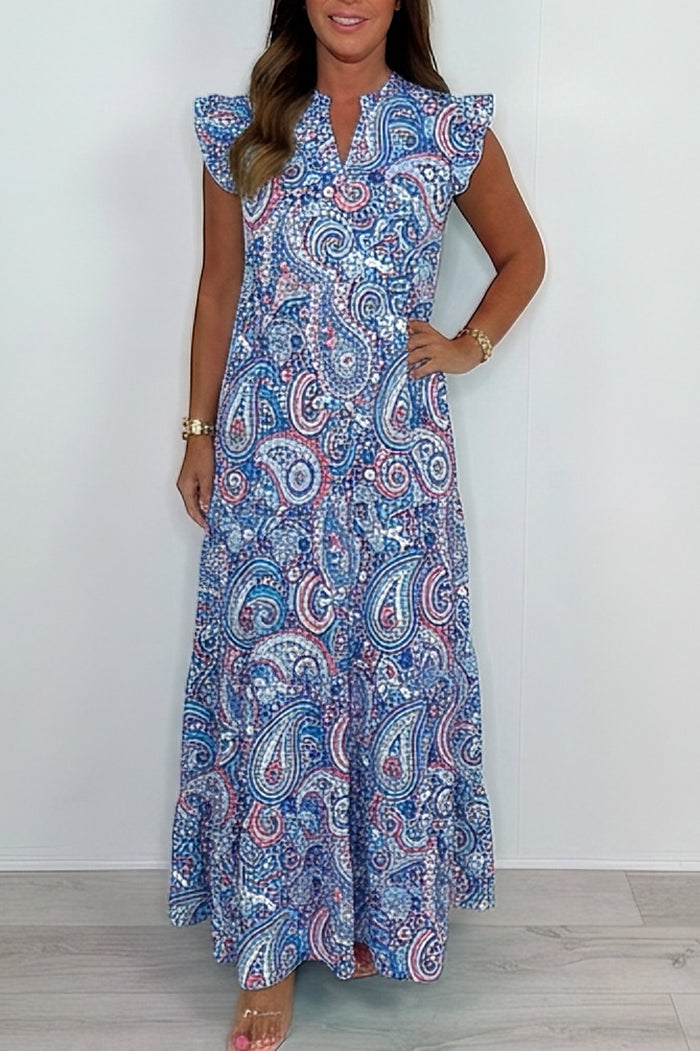 Ruffle Sleeve Paisley Print Maxi Dress