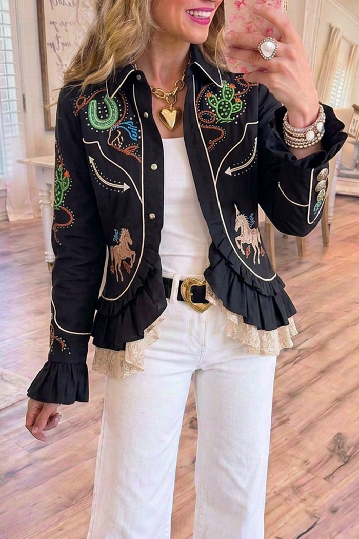 Black Collared Cactus Horse Embroidery Ruffle Hem Long Sleeve Jacket